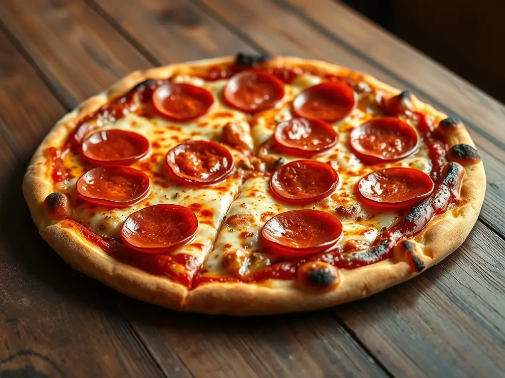A visually appealing image of a Pepperoni pizza with generous slices of pepperoni and melted cheese, highlighting its savory and popular flavor.