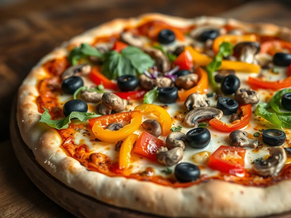 A mouthwatering image of a Vegetarian pizza with a colorful assortment of fresh vegetables, such as bell peppers, mushrooms, and olives, showcasing its healthy and flavorful options.