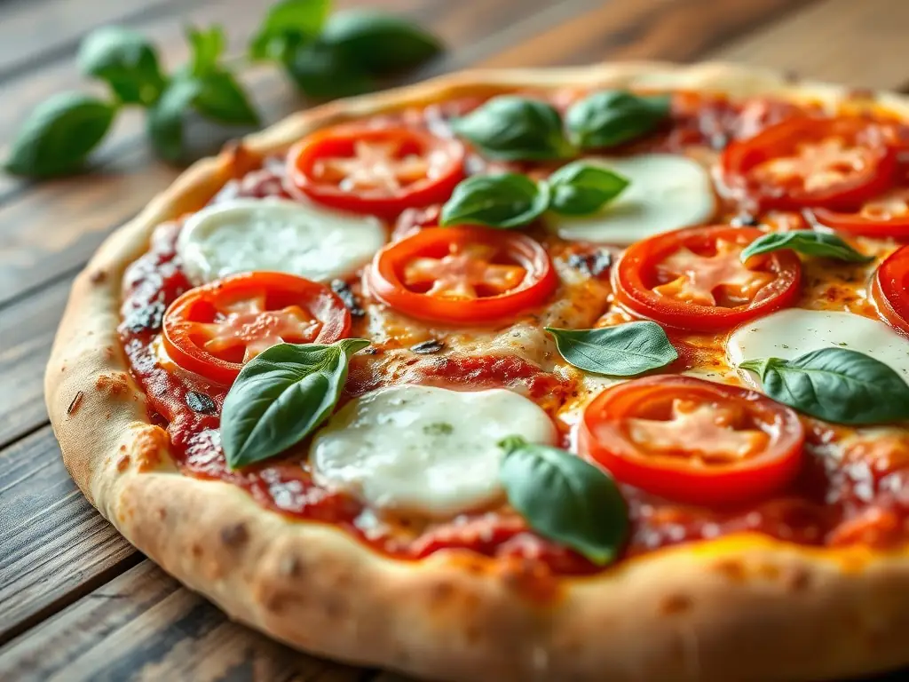A vibrant, close-up shot of a Margherita pizza with fresh basil leaves and melted mozzarella, showcasing its simplicity and classic appeal.